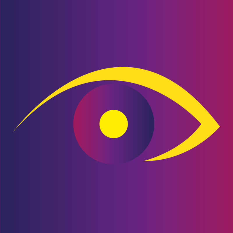 logo del podcast - occhio stilizzato con contorni e pupilla gialla, sfondo in gradiente viola-rosa